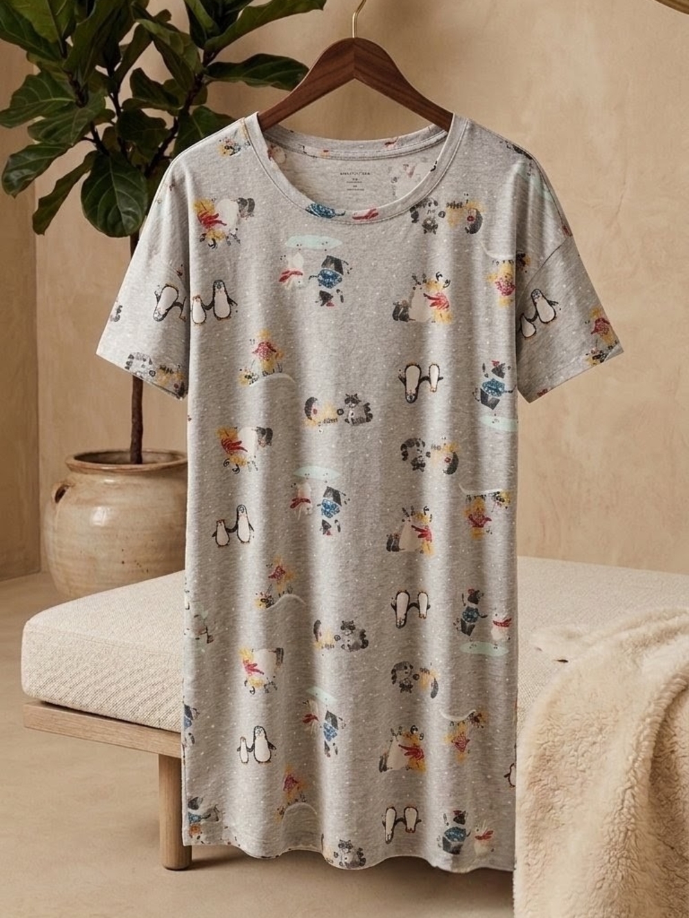 Secret Treasures Grey Penguin Winter Print Short-Sleeve Chemise